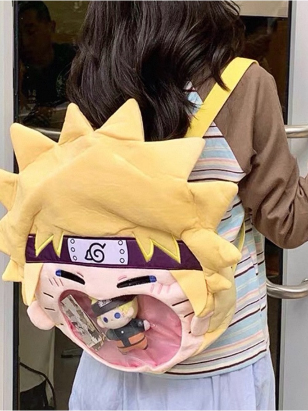 Naruto uzumaki Yellow Anime Character Plush Backpack with Clear Pocket teens cos